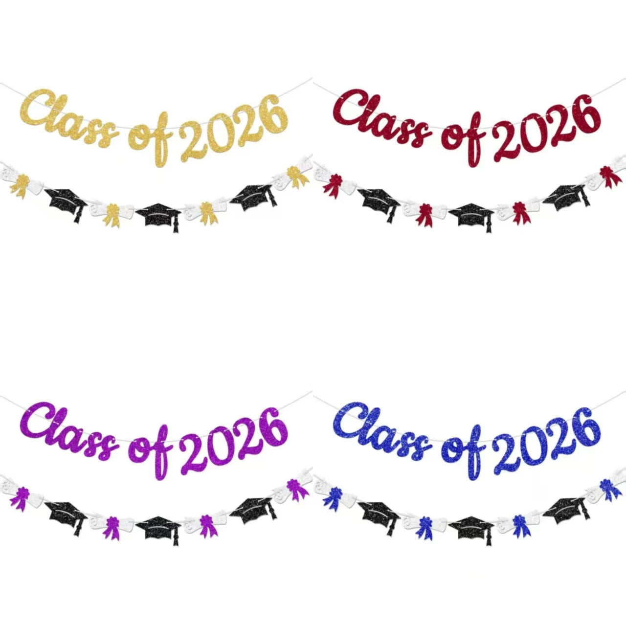 Glitter Gold/Blue/Purple/Red Class of 2026 Banner Graduation Sign with Grad Cap Garland for 2026 Graduation Party Decorations
