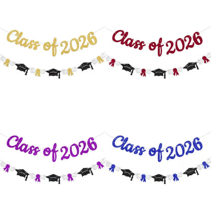 Glitter Gold/Blue/Purple/Red Class of 2026 Banner Graduation Sign with Grad Cap Garland for 2026 Graduation Party Decorations