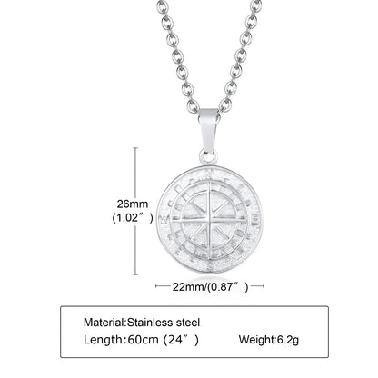 Vintage Compass Pendant Necklaces for Men Boys, Stainless Steel Coin Necklace, Rock Hiphop Collar Graduation Guide Gift - PN-