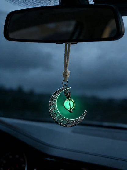 Luminous Moon Pendant Car Hanging Ornament – Hollow Crescent Design, Inlaid with Luminous Stone, Elegant Rearview Mirror Deco