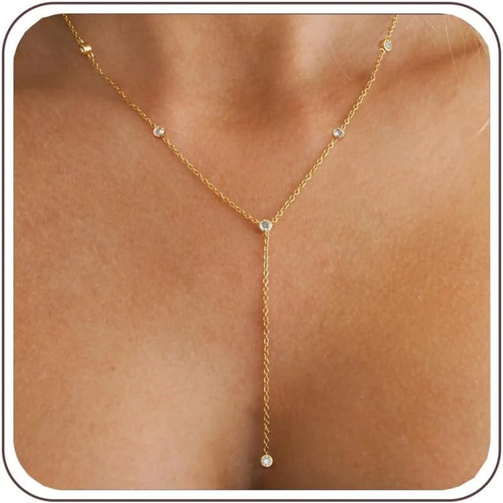 14K Gold Plated Lariat Necklace for Women CZ Star Clover Teardrop Y Shaped Drop Pendant Necklaces Elegant Party Wedding Jewel