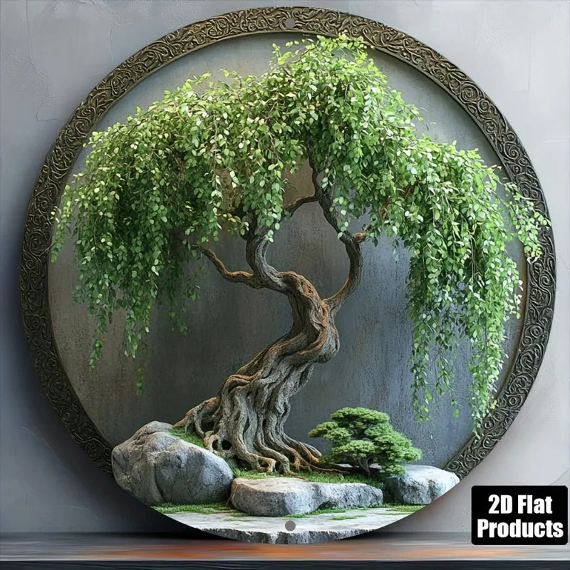 Vintage-Inspired Aluminum Wall Art - Round Bonsai Tree with Rocks & Moss, Ideal for Home, Bar, Kitchen, Perfect Holiday Gift