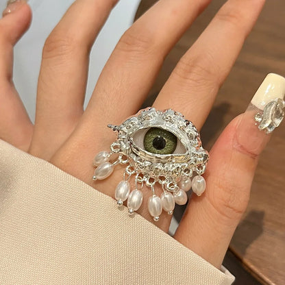 Aesthetic Vintage Devil's Eye Ring Tassels Imitated Pearl Glaze Ring Trendy Delicate Opening Finger Ring Party Favors