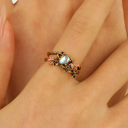 Luxury Vintage Niche Design Tree Branch Maple Leaf Double Layer Ring Women Men Light Luxury White Gemstone Holiday Party Jewe