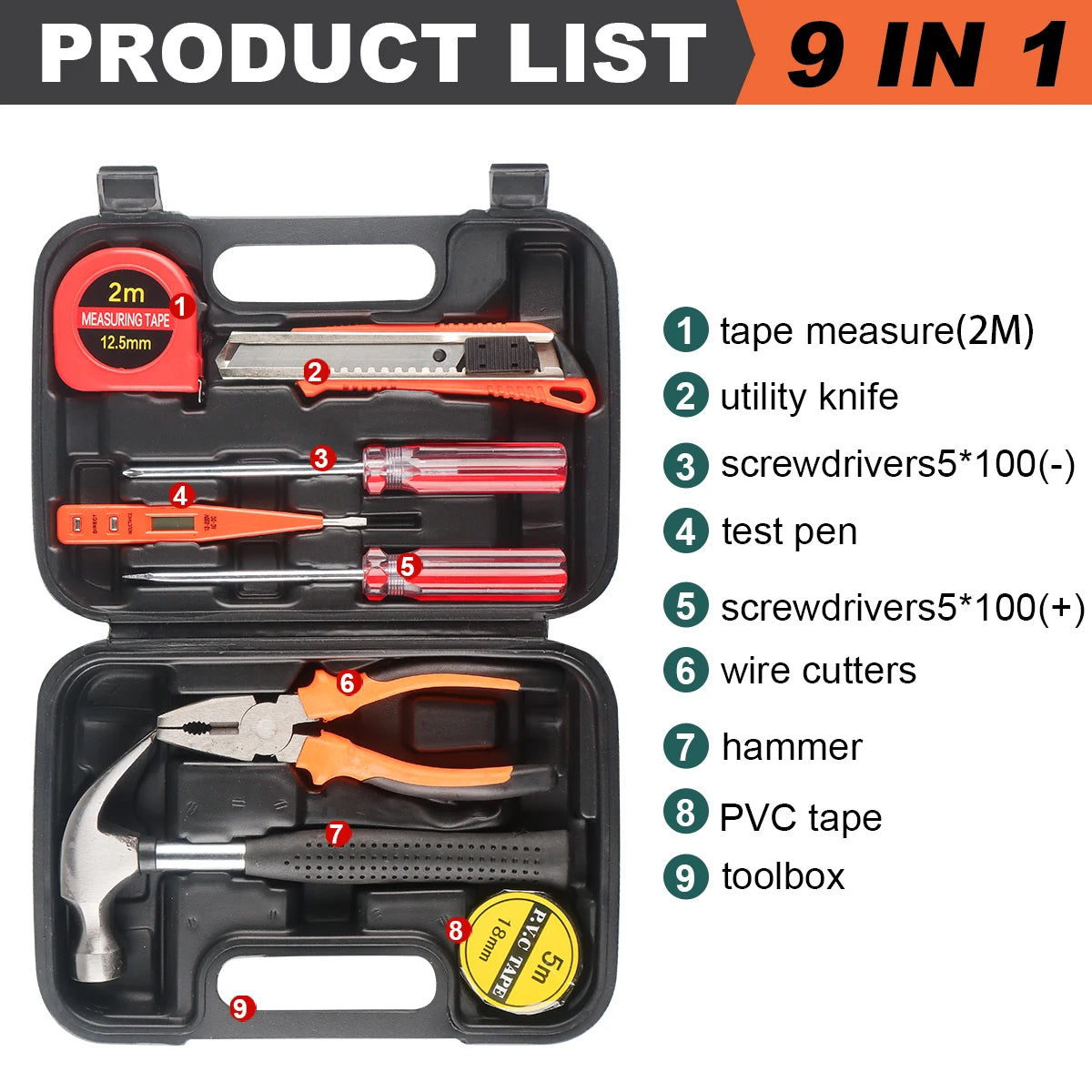 8/9/12/13Piece Tools Set General House hold Hand Tool Kit with Plastic Toolbox Storage Case Used to Car repair And home Repai