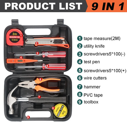 8/9/12/13Piece Tools Set General House hold Hand Tool Kit with Plastic Toolbox Storage Case Used to Car repair And home Repai