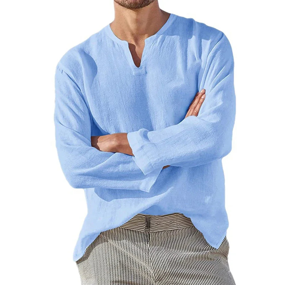 Men's Cotton Linen Shirt Cozy Solid Color Long Sleeve Breathable Tops V Neck Casual Blouse Hawaiian Shirt Lightweight Shirts 