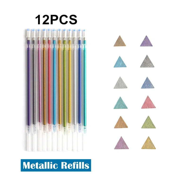 12/24Pcs Metallic Glitter Colors Gel Pens & Pen Refills For School Office Adult Coloring Book Journals Drawing Art Markers - 