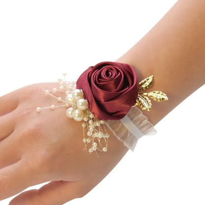 Bridesmaid Wrist Flowers Rose Corsage Pearl Polyester Ribbon Bracelet Wedding Accessories
