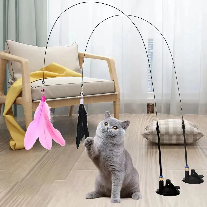 Cats Toys Feathers Wand Interactive Toy Kitten Toys with Super Suction Cup Detachable 2 PCS Feather Replacements Cat Accesori