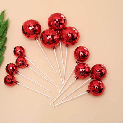 12pcs Silver Disco Ball Cake Topper 1970s Disco Theme Birthday Party Cake Decoration Cowboy Cowgirl Birthday Supplies - red