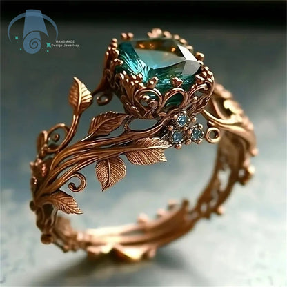 Vintage Alloy Vine Totem Ring with Green Crystal Fashion Jewelry for Women Gift Idea for Daily Use Special Occasion