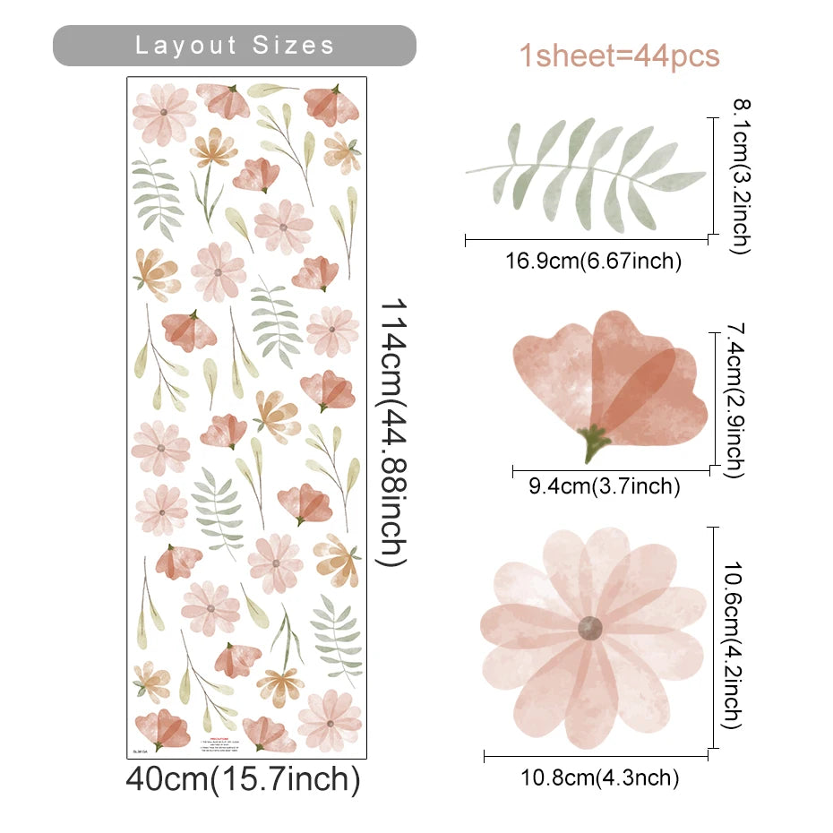 Boho Style Flowers Leaves Watercolor Wall Sticker Nursery Vinyl Wall Art Decals for Living Room Bedroom Kids Room Home Decor 