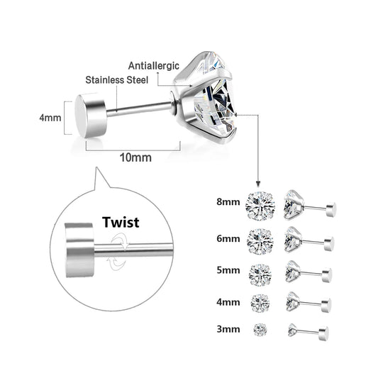LUXUSTEEL 1Pairs/2Pcs Stainless Steel Crystal Studs Earrings For Women Men 4 Prong Tragus Round Clear Cubic Zirconia Ear Jewe