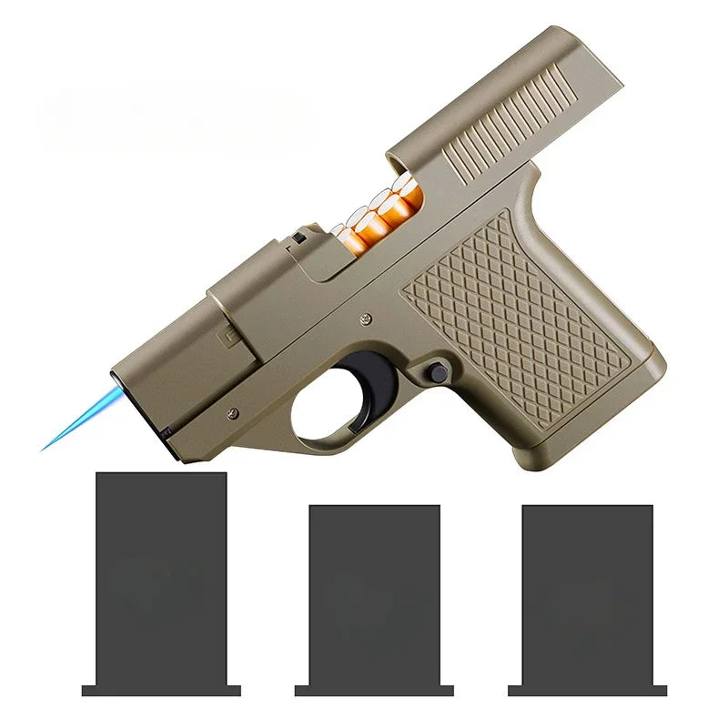 Gun-shaped lighter with 3 cigarette cases, dark blue flame gas lighter, windproof cigar lighter,suitable for Christmas,Hallow