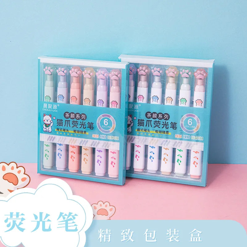 6Pcs/Set Kawaii Cat paw Fluorescent Highlighter Pens Markers Pastel Drawing Pen Student School Office Supplies Cute Stationer