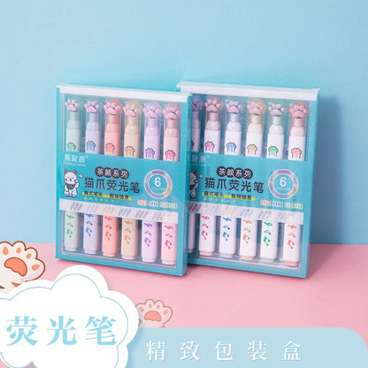 6Pcs/Set Kawaii Cat paw Fluorescent Highlighter Pens Markers Pastel Drawing Pen Student School Office Supplies Cute Stationer