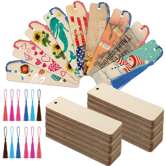 10/20/60Pcs Wood Bookmark Bulk Blank Hanging Label Wooden Bookmarks Sign Unfinished Label Ornaments With Tassel Ropes DIY Cra