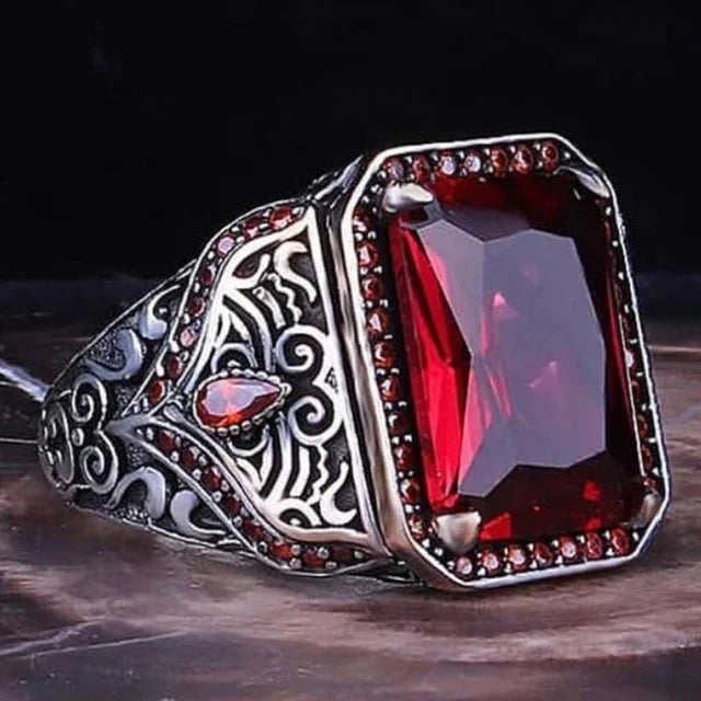 Retro Handmade Turkish Signet Ring for Men Vintage Silver Color Carving Pattern Inlay Green Zircon Party Punk Motor Biker Rin