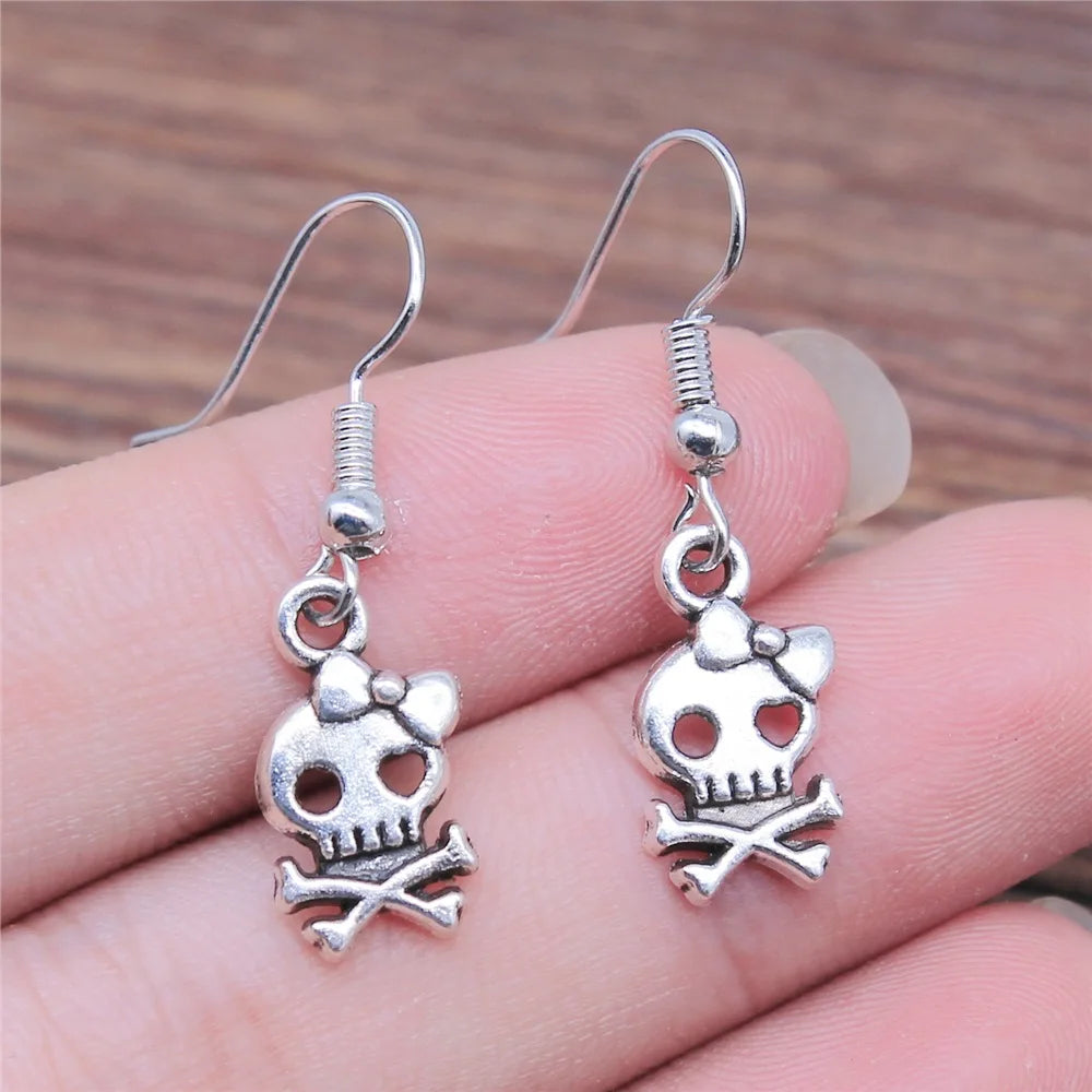 Fashion Handmade Simple Design Antique Silver Color Bow Skull Pendant Earrings Women Vintage Drop Earrings
