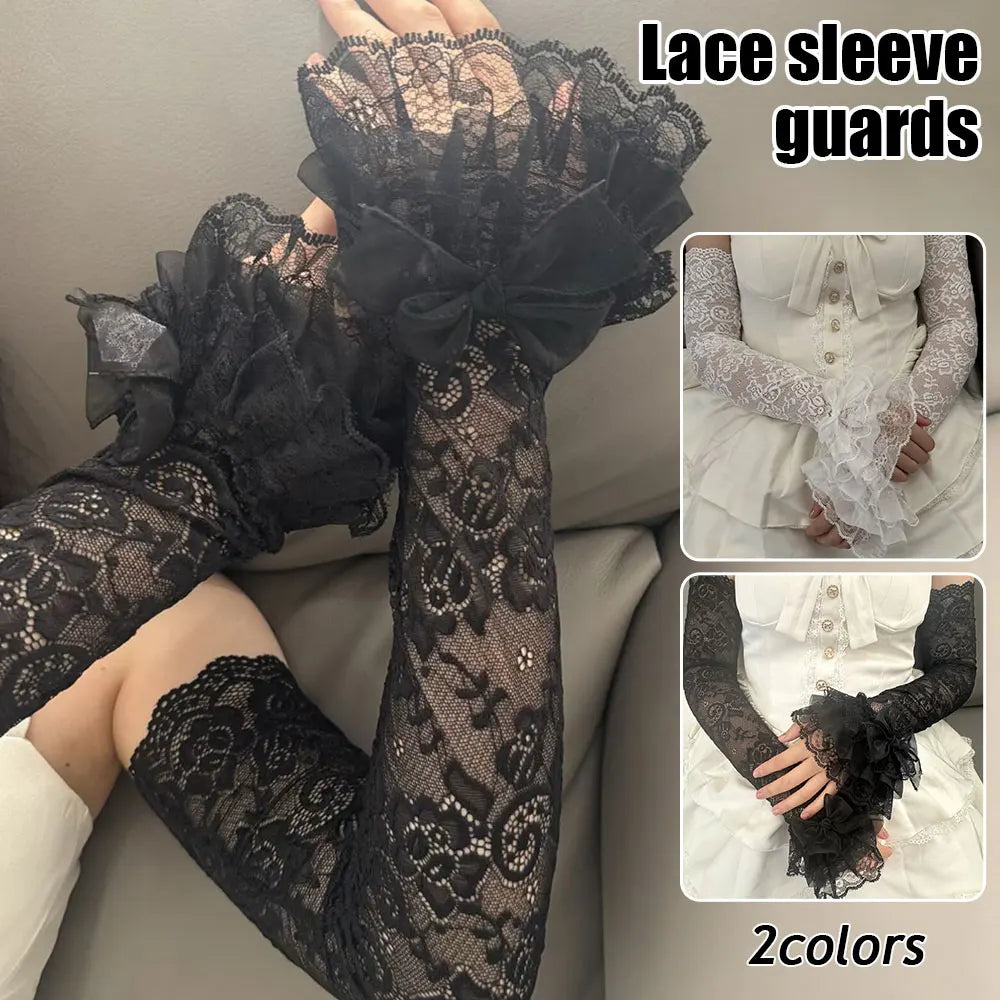 1 Pair Women Lolita Jk Lace Fingerless Gloves Black Gothic Fake Sleeves Trendy Elastic Long Lace Arm Sleeves Clothes Decorati