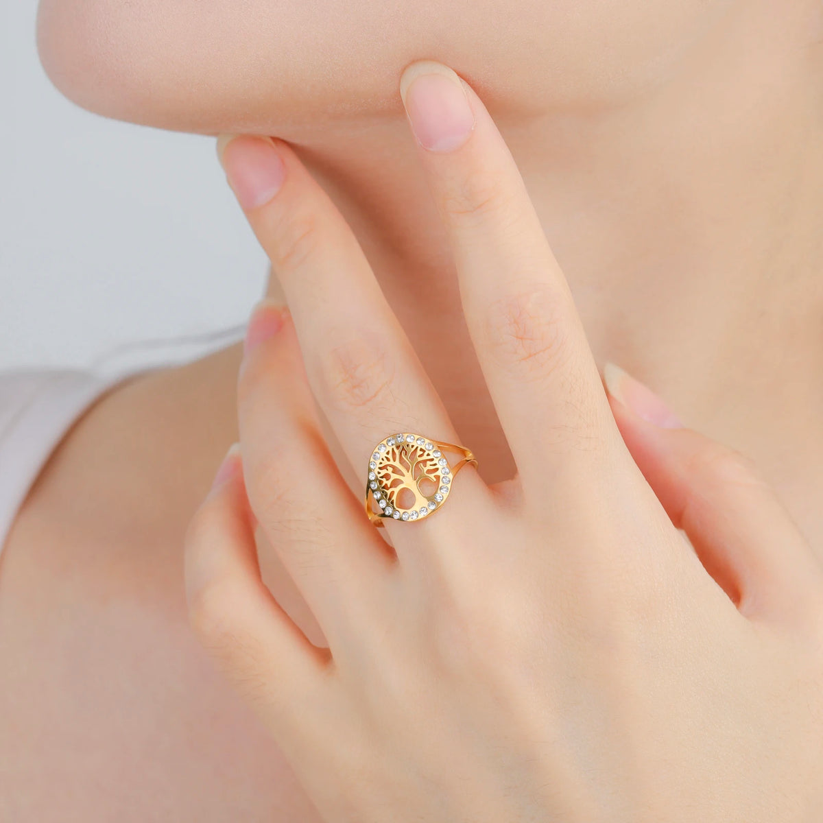 Skyrim Tree of Life Clear Zircon Round Ring Stainless Steel Gold Color Adjustable Women Finger Rings Amulet Jewelry