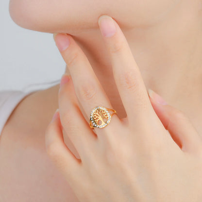 Skyrim Tree of Life Clear Zircon Round Ring Stainless Steel Gold Color Adjustable Women Finger Rings Amulet Jewelry