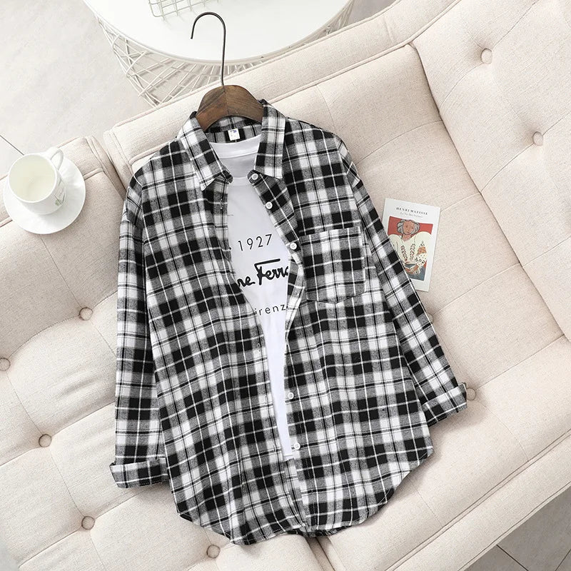 Fresh Flannel Plaid Shirt Women 2026 New Female Blouses and Tops Cotton Loose Long Sleeve Casual Shirts Fine Women's Clothes 