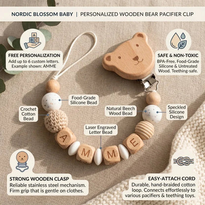 Personalized Pacifier Clip Custom Name Silicone Wooden Beads Baby Teether Chain Soother Holder BPA Free Newborn Baby Shower G
