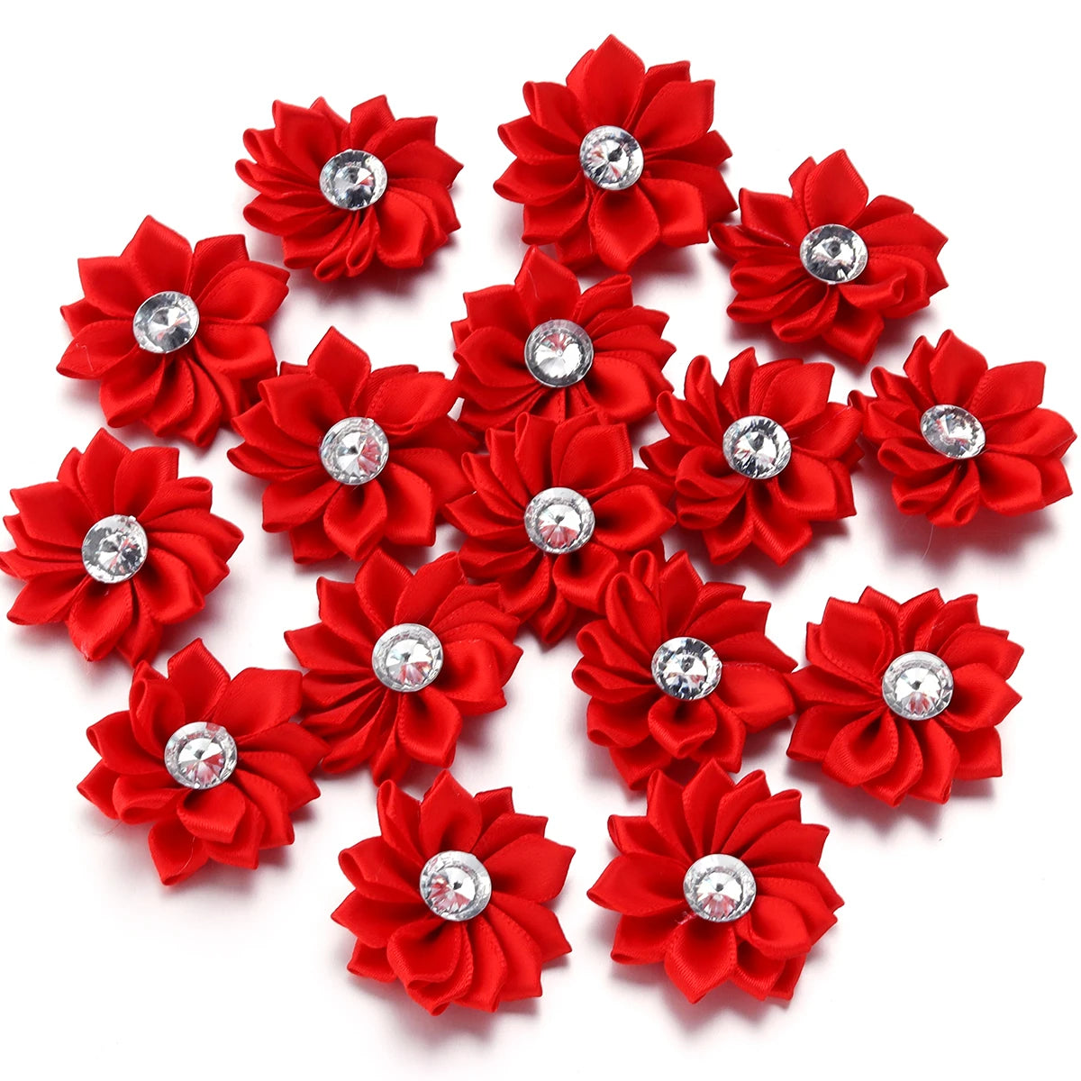 20pcs/lot 40mm Mini Inlaid Rhinestones Small Handmade DIY Satin Ribbon Flowers Head Decorate Clothing Supplies Accessories - 