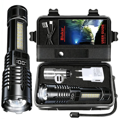 High Power LED Flashlights With Display Screen Zoom Tactical Torch Portable Rechargeable Lamp with Emergency Side Light Lante