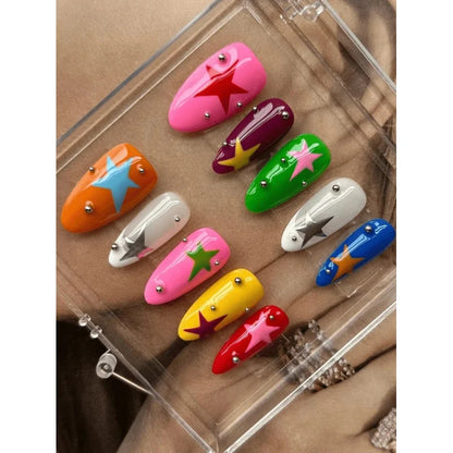10Pcs Handmade Nail Art, Almond Dopamine Color Nail Art, Hand-Painted Star Pattern Design, Daily Nail Art