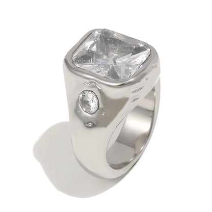 E.B.belle Gold Plated Deep-patterned Square Zircon Ring Simple Statement With Irregular Design Tarnish Free Women's Jewelry