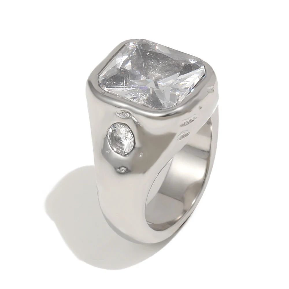 E.B.belle Gold Plated Deep-patterned Square Zircon Ring Simple Statement With Irregular Design Tarnish Free Women's Jewelry -