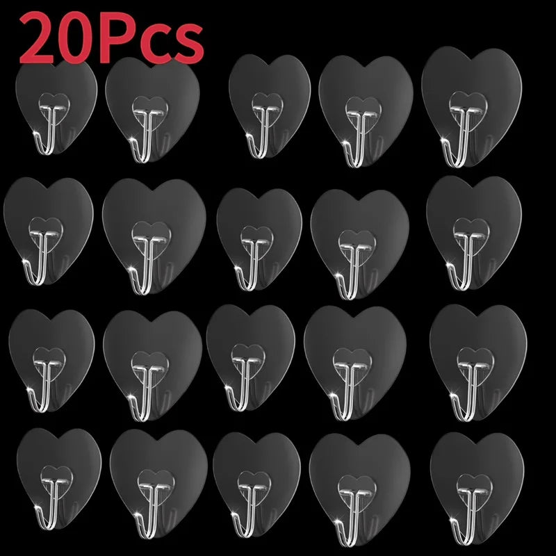 Heart Shape Transparent Hooks Non Punching Plastic Love Hangers Holder Self Adhesive Key Towel Multi-Purpose Hooks Storage Ra