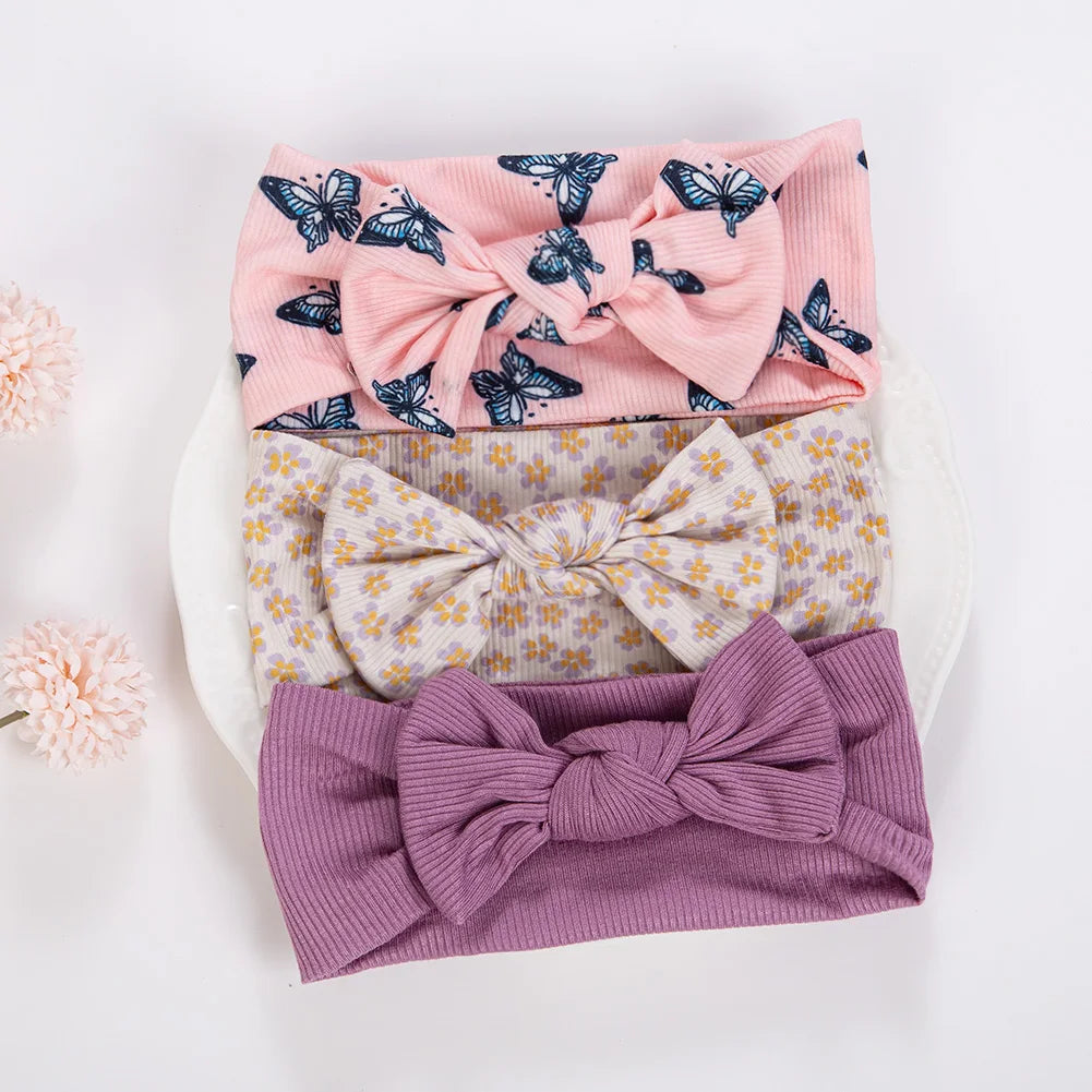 3Pcs/lot Ins Ribbed Baby Girls Headbands Floral Red Heart Dasiy Print Bows Elastic Hair Bands Toddler Vintage Hair Accessorie