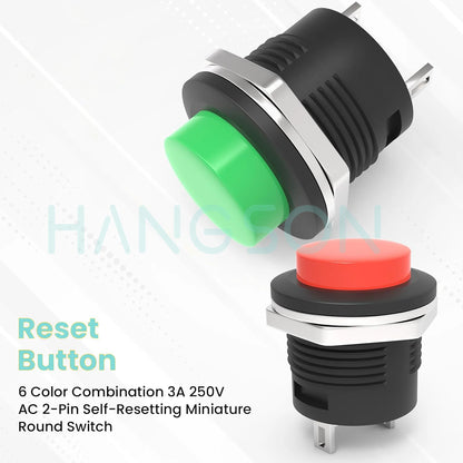6Pcs R13-507 Momentary Push Button 2 Pin Self-Resetting Mini No Lock Round SPST 1NO Switch 3A 250V AC/6A 125V AC Button Assor