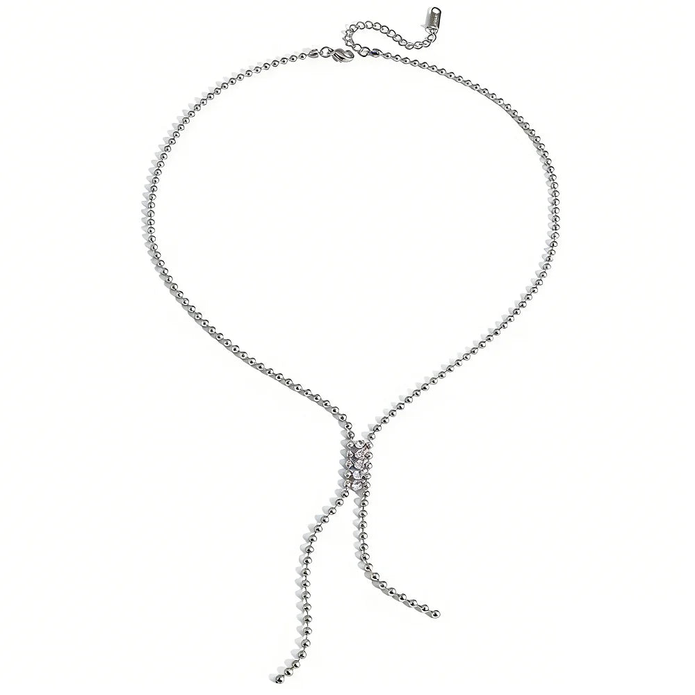 Y Shape Lariat Necklace Mini Bead Ball Chain Sparkling Zircon Tassel Drop Clavicle Chain Stainless Steel Waterproof Minimalis