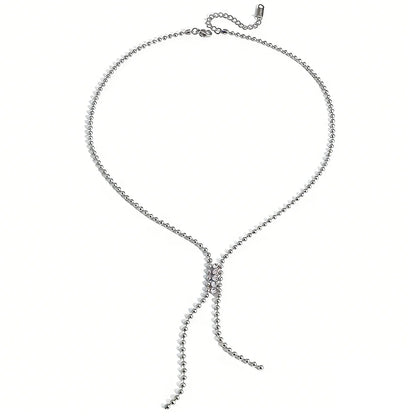 Y Shape Lariat Necklace Mini Bead Ball Chain Sparkling Zircon Tassel Drop Clavicle Chain Stainless Steel Waterproof Minimalis
