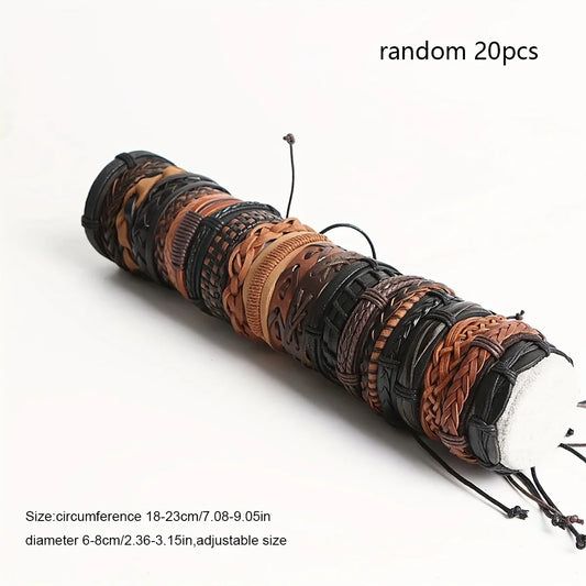 20Pcs Braided Leather Bracelets for Men Women Wrap Wood Beads Cuff Bracelet Hemp Cords Ethnic Tribal Handmade Wrap Wristband 