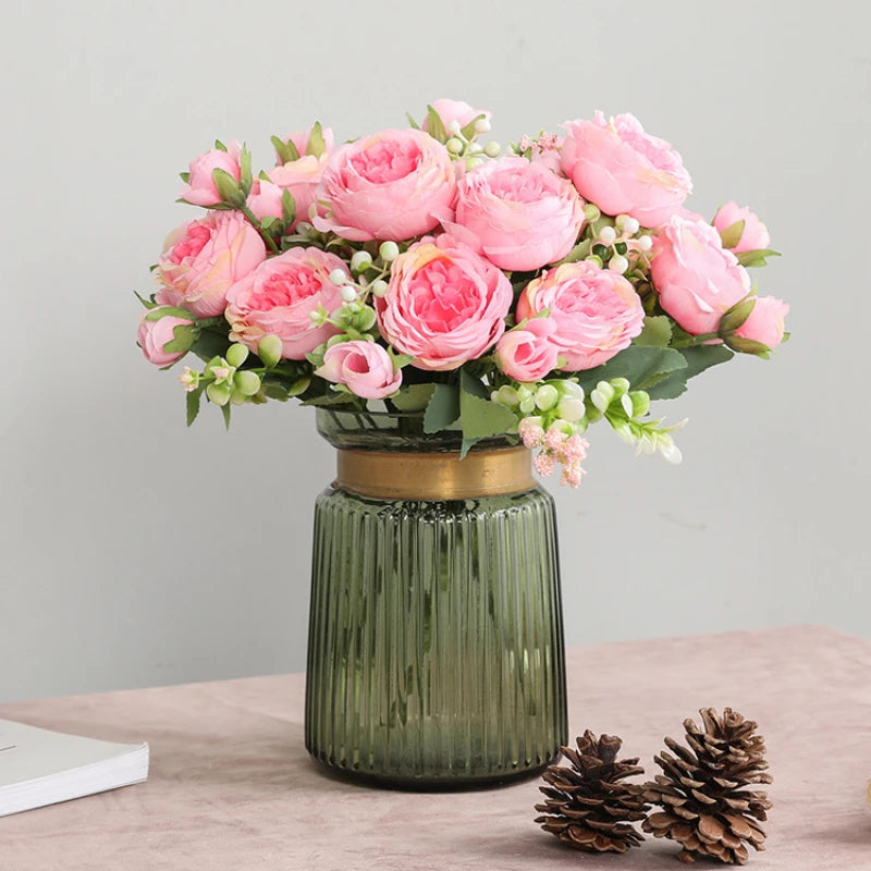 1pcs/30cm Rose Pink Silk Bouquet Peony Artificial Flower 5 Big Head 4 Small Bud Bride Wedding Home Decoration Artifi