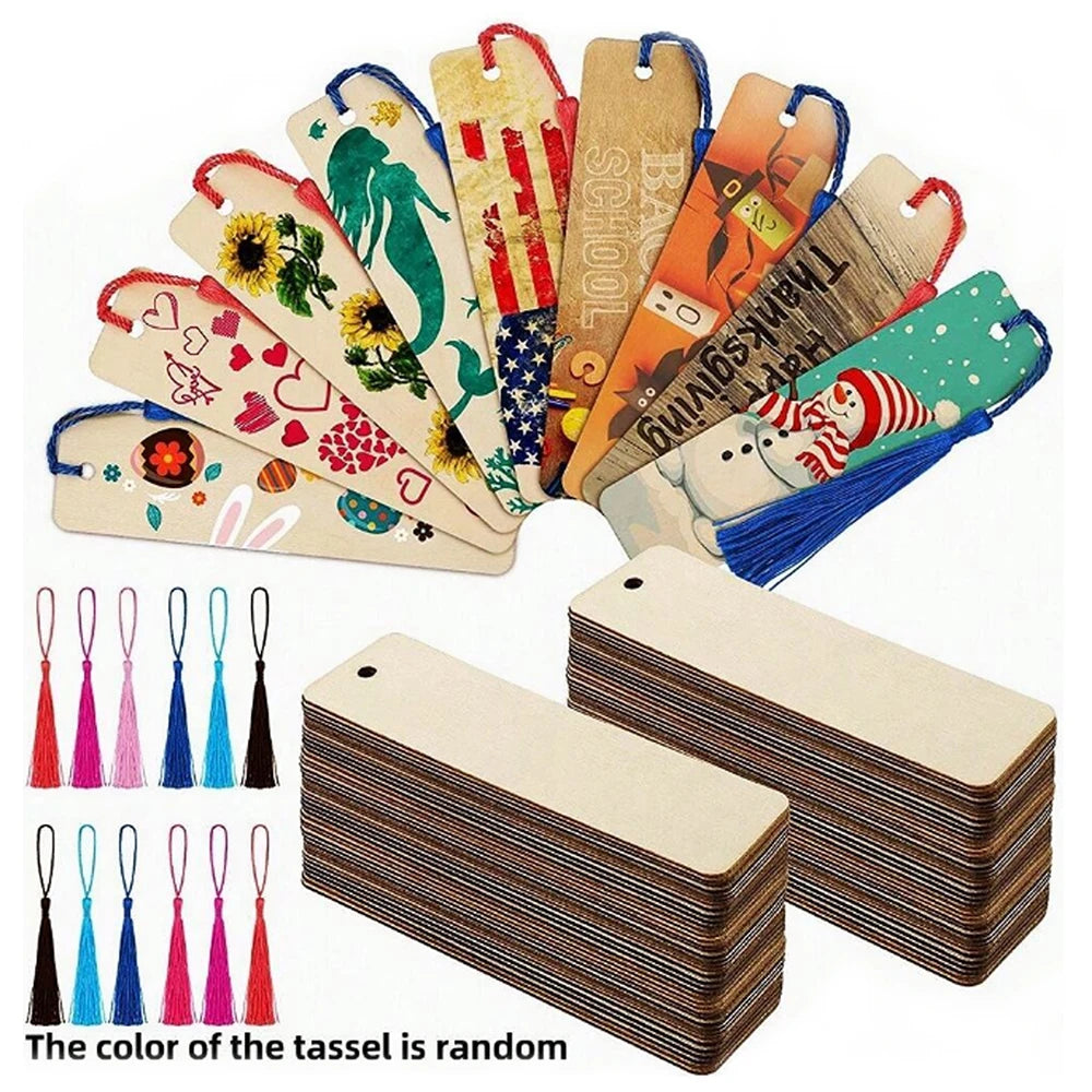 10/30/50/70Pcs Wooden Blank Bookmarks with Tassels Set DIY Wooden Craft Bookmarks Square Tag Wedding Birthday Party Decor