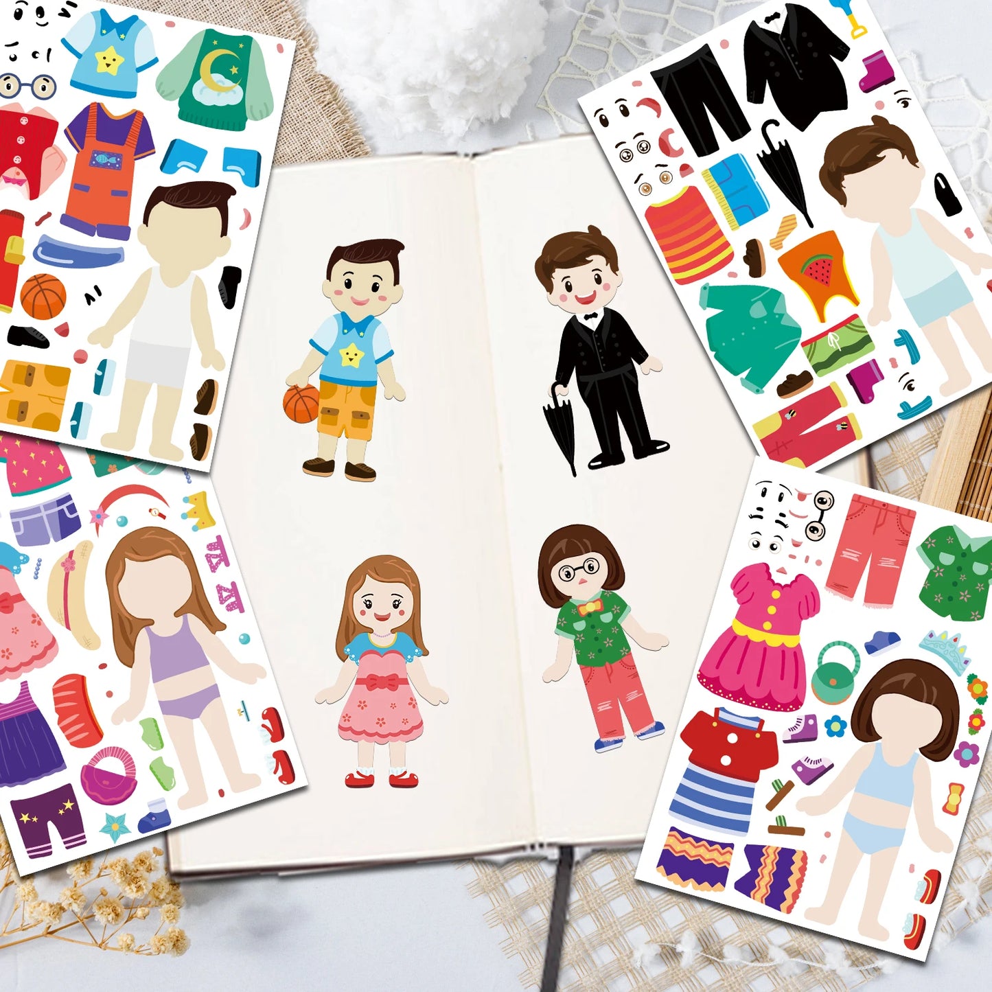 8PCS Cartoon Cute Children Dress Up Collage Scrapbook Collage Material Skateboard/Guitar/Stationery/Diary Waterproof Decorati