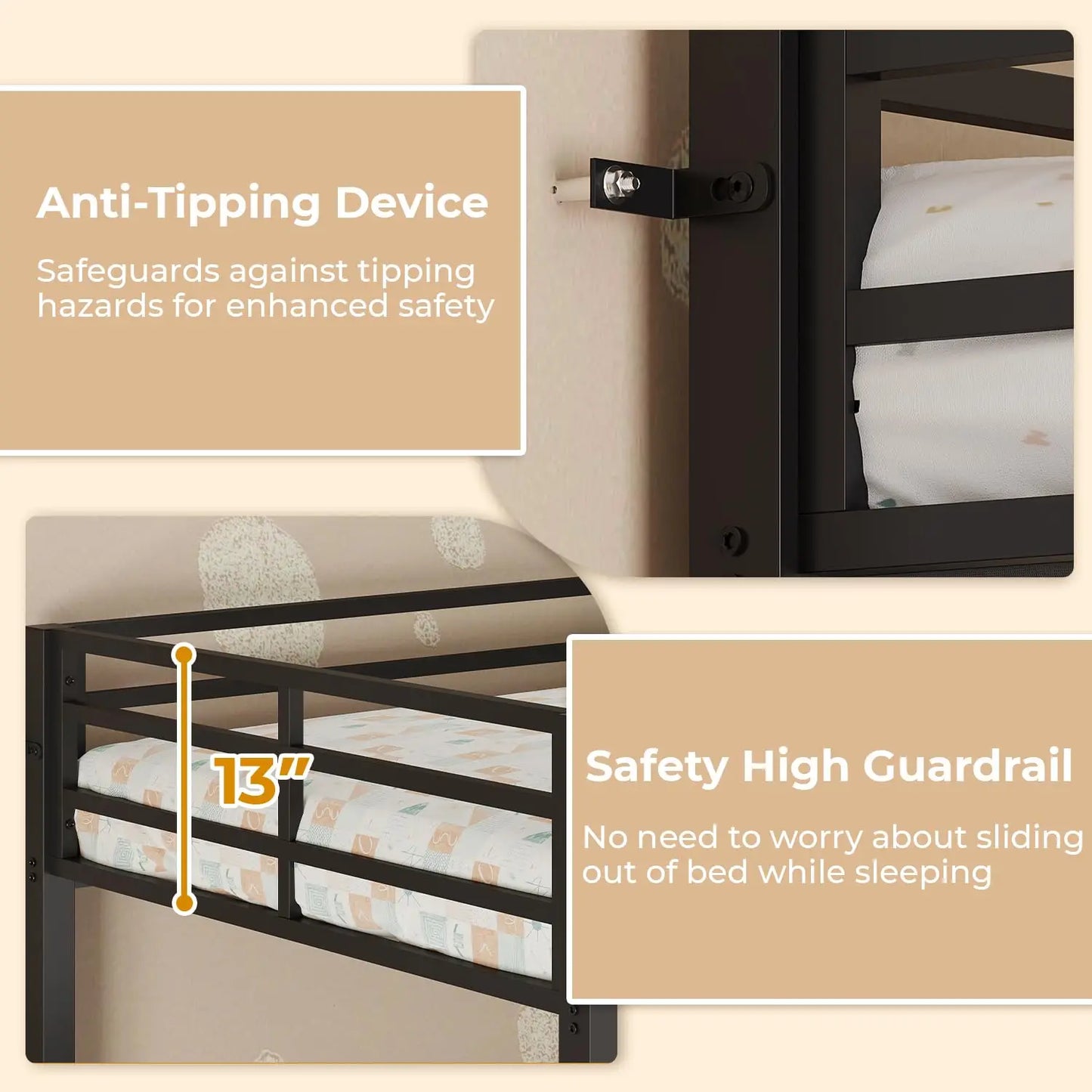 Triple Bunk Bed Twin Over Twin with Safety Guardrail | Heavy Duty Metal 3 Bunk Beds with Play, Customized