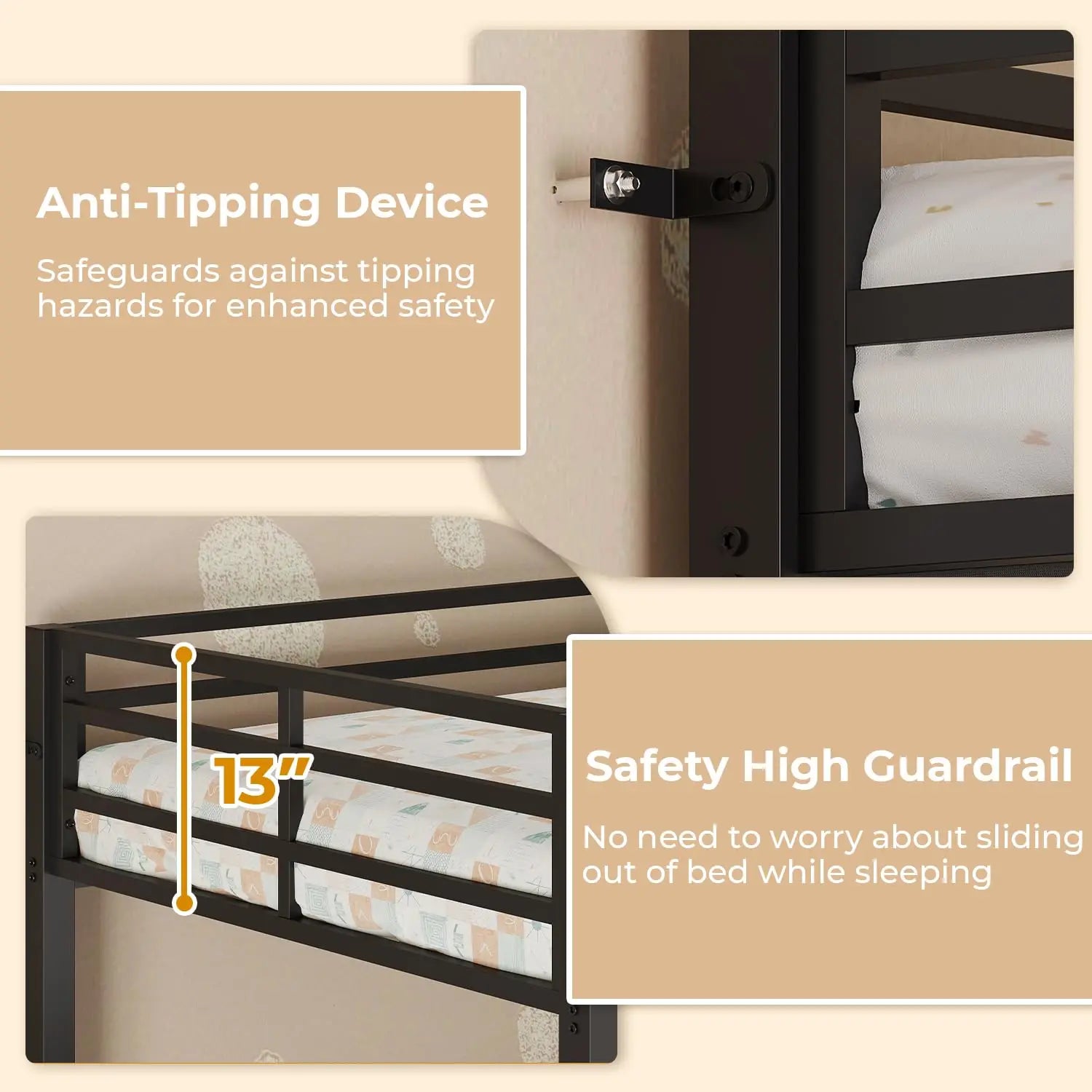 Triple Bunk Bed Twin Over Twin with Safety Guardrail | Heavy Duty Metal 3 Bunk Beds with Play, Customized