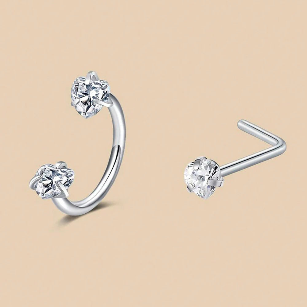 6/2pcs Horseshoe Nose Rings With L-Shape Nose Stud, Stainless Steel Rianbow CZ Nose Ring,, Lip Eyebrow Helix Ear Piercing - 2