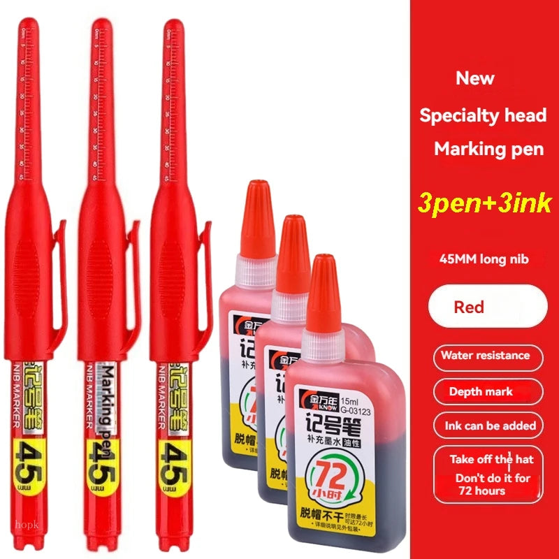45mm Waterproof Deep Hole Marker Pens Long Nib Head Carpenter Pen White/Black/Blue Ink for Multi-Purpose Woodworking Hand Too