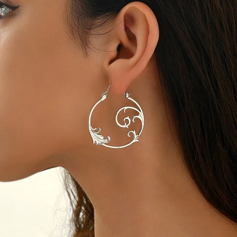 Vintage Silver Minimalist Style Metal Carved Pattern Earrings Ethnic Geometric Spiral Pendant women's Jewelry
