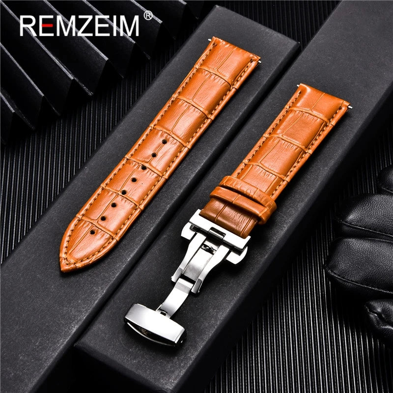 Genuine Calfskin Leather Watchbands Business Replace Watch Band 18mm 20mm 22mm 24mm With Butterfly Buckle Wristwatch Strap - 