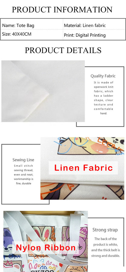 1/5/10pcs Floral Cat Pattern Tote Bag, Aesthetic Canvas School Shoulder Bag, Lightweight Grocery Shopping Bag